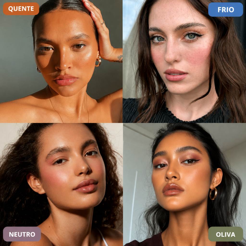 imagem com quatro mulheres que representam os tipos de subtom de pele. Em sentido horário: pele quente, pele fria, pele oliva e pele neutra.